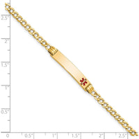 14K Yellow Gold 7" Cuban Link Medical Alert Bracelet with Red Enamel Solid Plate Charm - Engravable by Oro Pregiato