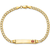 14K Yellow Gold 7" Cuban Link Medical Alert Bracelet with Red Enamel Solid Plate Charm - Engravable by Oro Pregiato