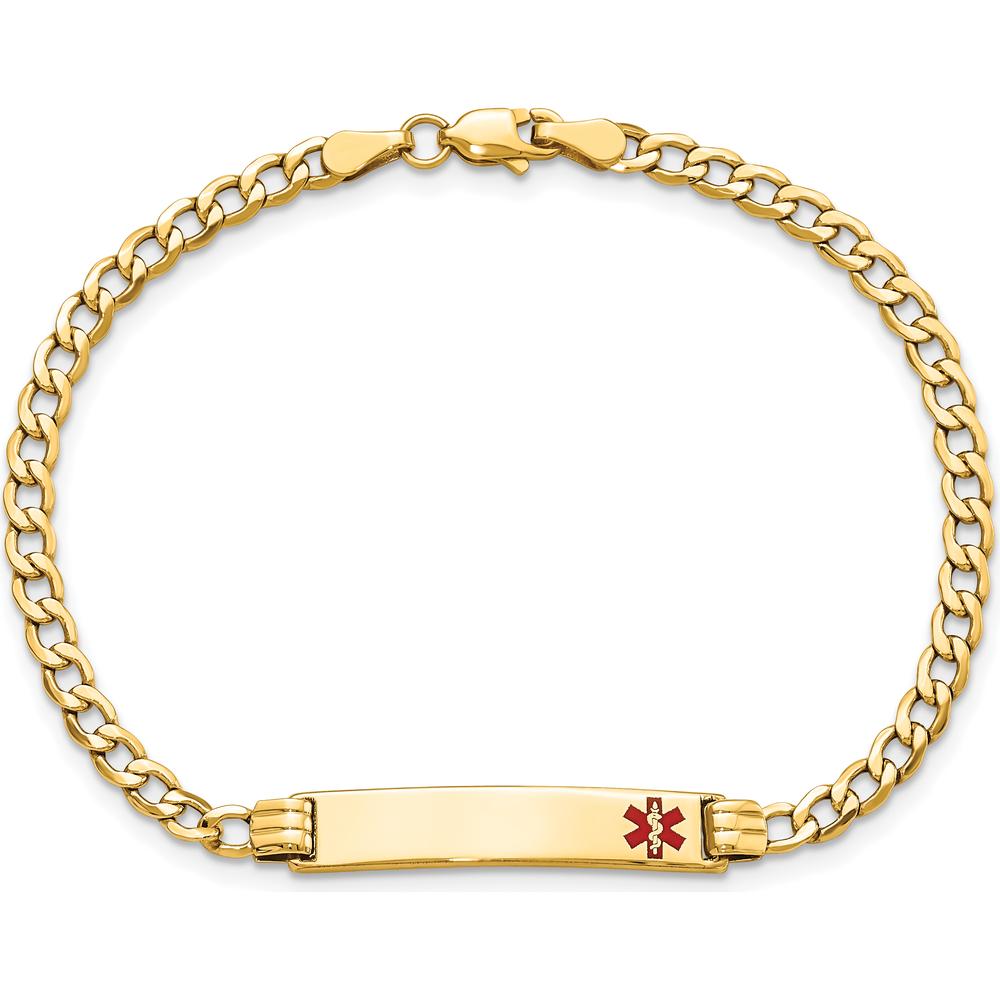 14K Yellow Gold 7" Cuban Link Medical Alert Bracelet with Red Enamel Solid Plate Charm - Engravable by Oro Pregiato
