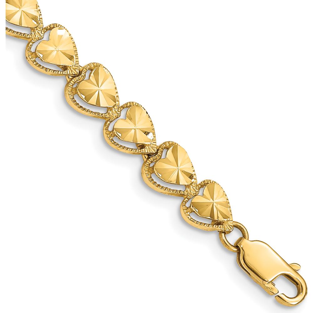 14K Yellow Gold 7" Diamond-Cut Hearts Bracelet - Solid Gold Fancy Link Design by Oro Pregiato