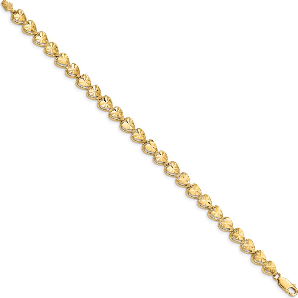 14K Yellow Gold 7" Diamond-Cut Hearts Bracelet - Solid Gold Fancy Link Design by Oro Pregiato