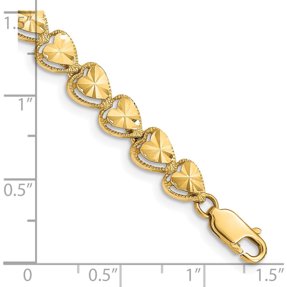 14K Yellow Gold 7" Diamond-Cut Hearts Bracelet - Solid Gold Fancy Link Design by Oro Pregiato
