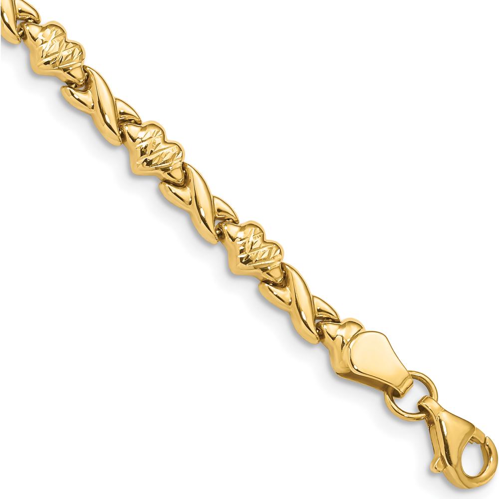 14K Yellow Gold 7" Diamond-Cut X-and-Heart Fancy Link Bracelet - Polished Finish by Oro Pregiato