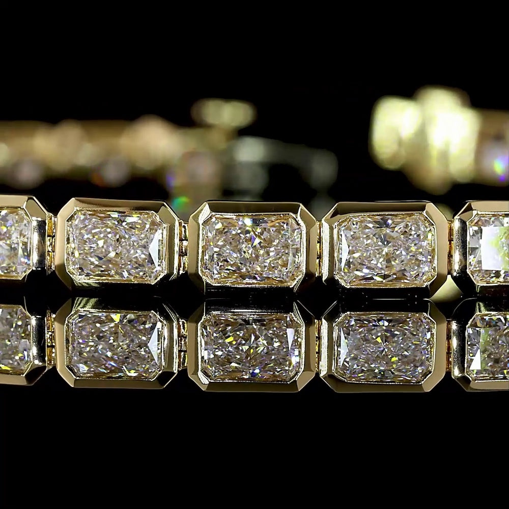 14K Yellow Gold 7” East-West Bezel Set Radiant Cut Lab Diamond Tennis Bracelet - 7.11 Carats Total Diamond Weight - Covaloro Fine Jewelry
