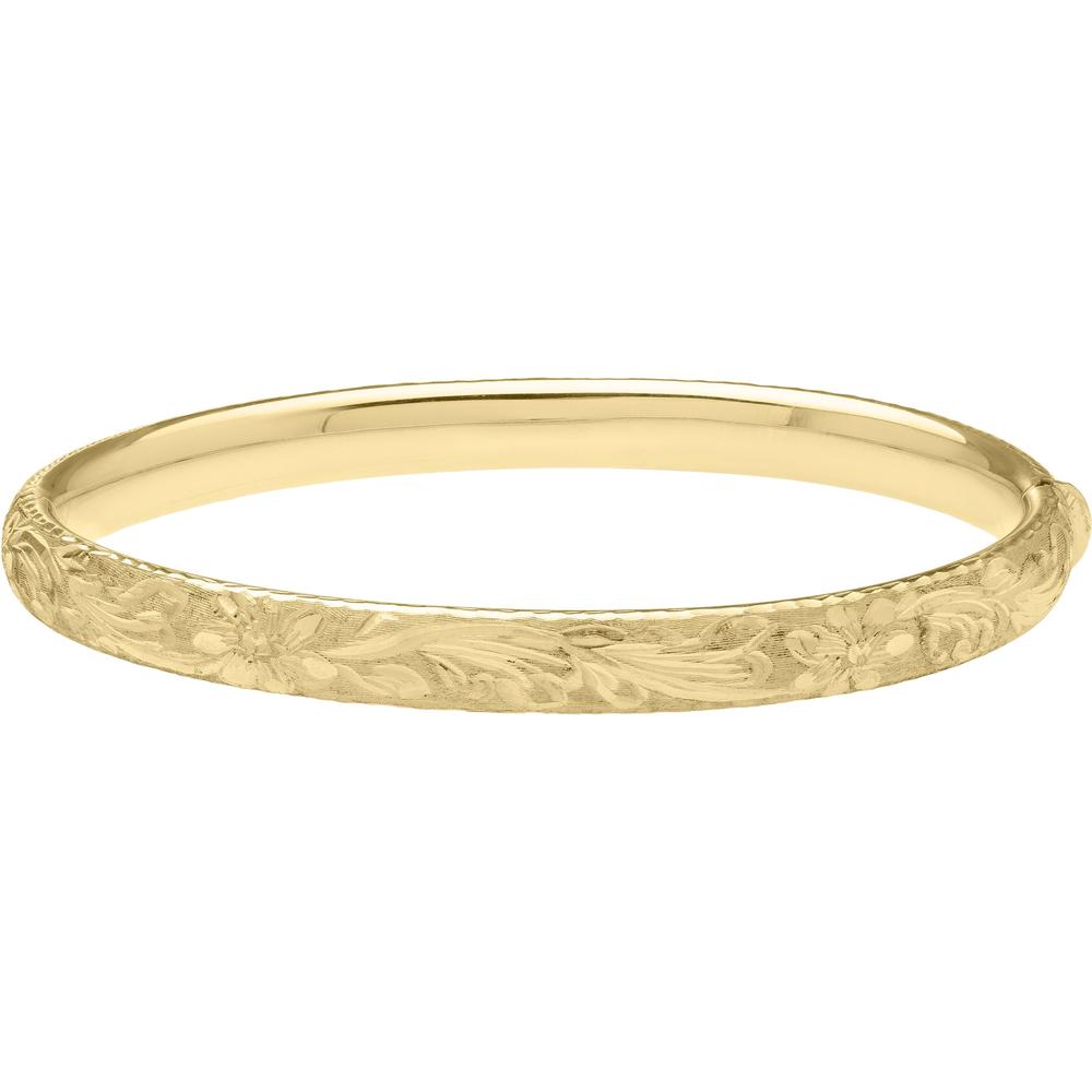 14K Yellow Gold 7" Engraved Bangle with Diamond-Cut Textured Floral Finish by Orozza Fine Jewelry