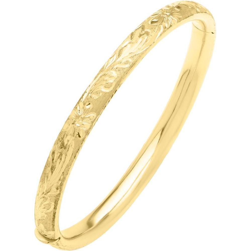 14K Yellow Gold 7" Engraved Bangle with Diamond-Cut Textured Floral Finish by Orozza Fine Jewelry