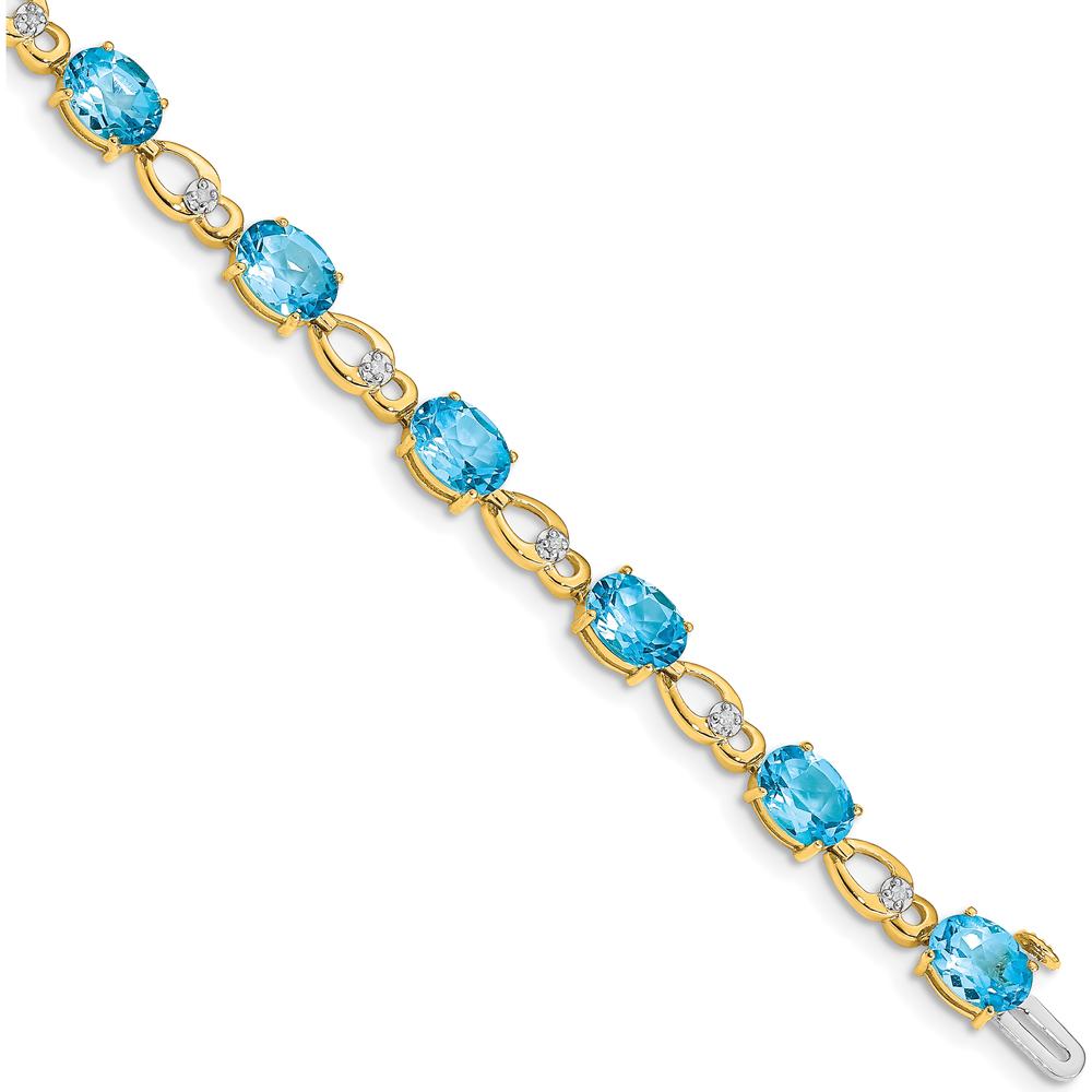 14K Yellow Gold 7" Fancy Link Bracelet with Oval Swiss Blue Topaz and Round Diamonds - 0.75 Carats Total Gemstone Weight by Monteluci Fine Jewelry