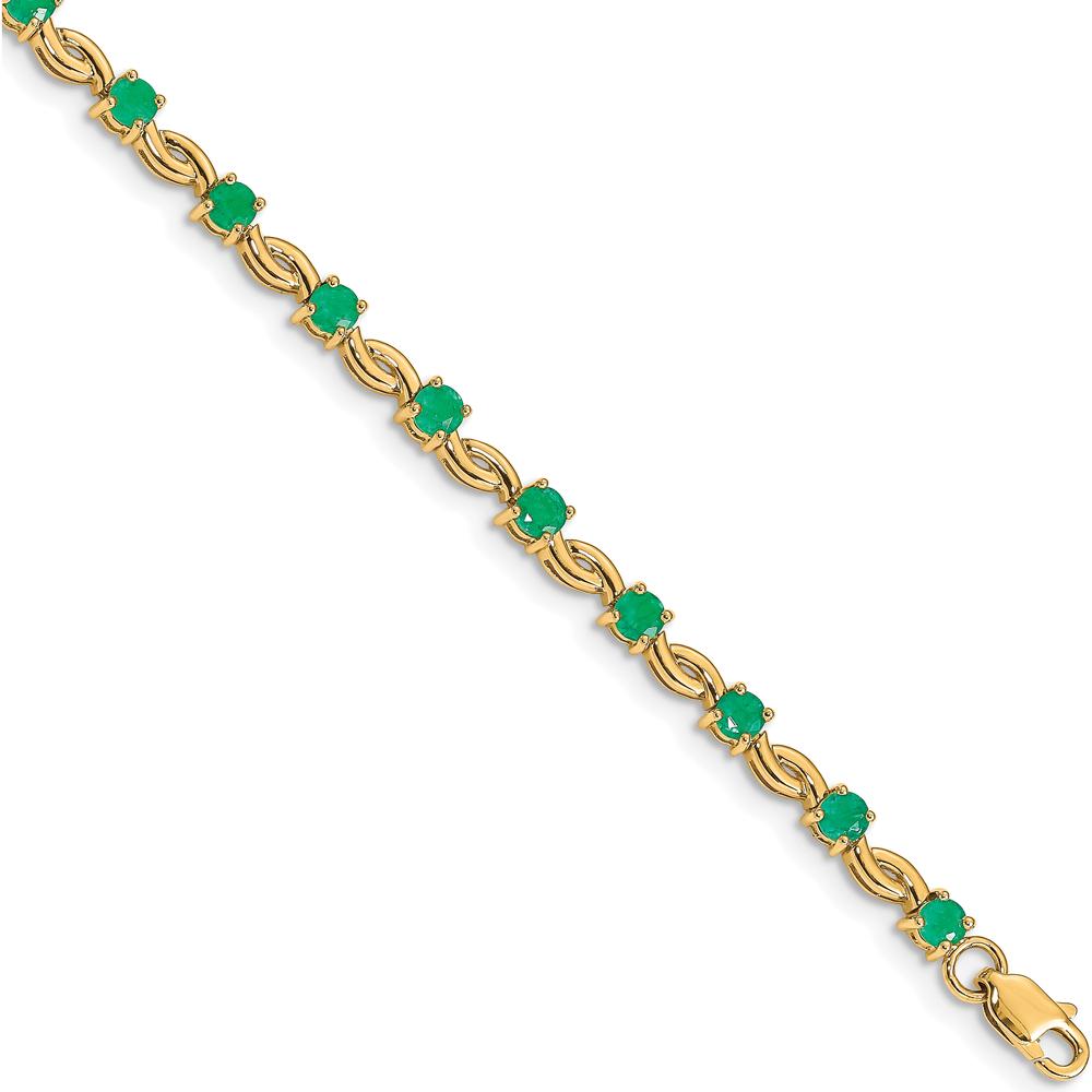 14K Yellow Gold 7" Fancy Link Bracelet with Round Emeralds - 0.125 Carats Total Emerald Weight by Monteluci Fine Jewelry