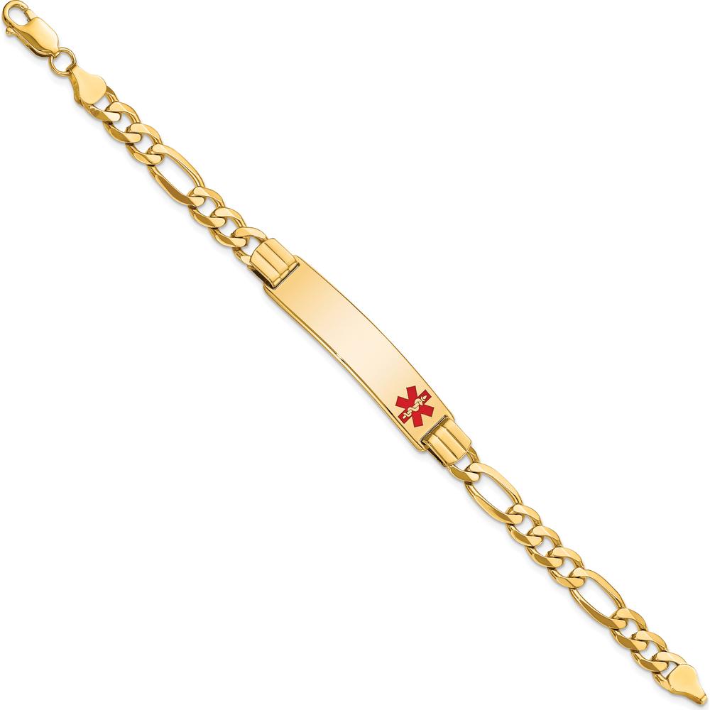14K Yellow Gold 7" Figaro Link Medical Alert Bracelet with Off-Center Red Enamel Charm by Oro Pregiato