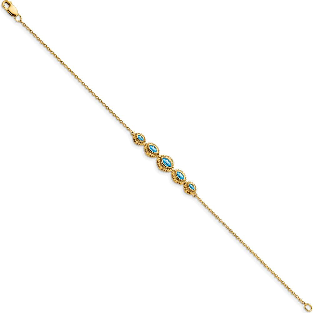 14K Yellow Gold 7" Gemstone Bracelet with Bezel-set Marquise Swiss Blue Topaz - 0.50 Carats Total Gem Weight by Monteluci Fine Jewelry