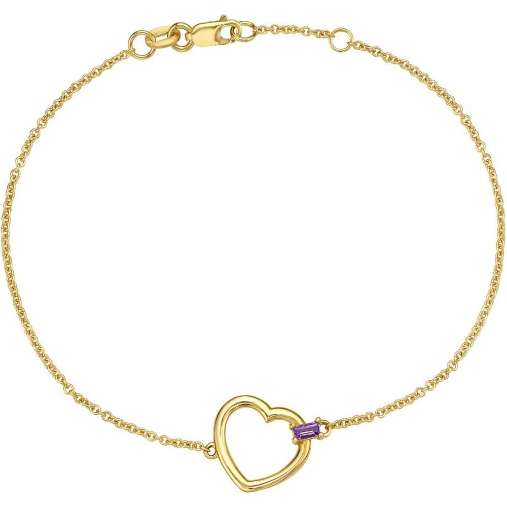 14K Yellow Gold 7” Heart Bracelet with Baguette-Cut Amethyst Gemstone - 1.60g by Orozza Fine Jewelry