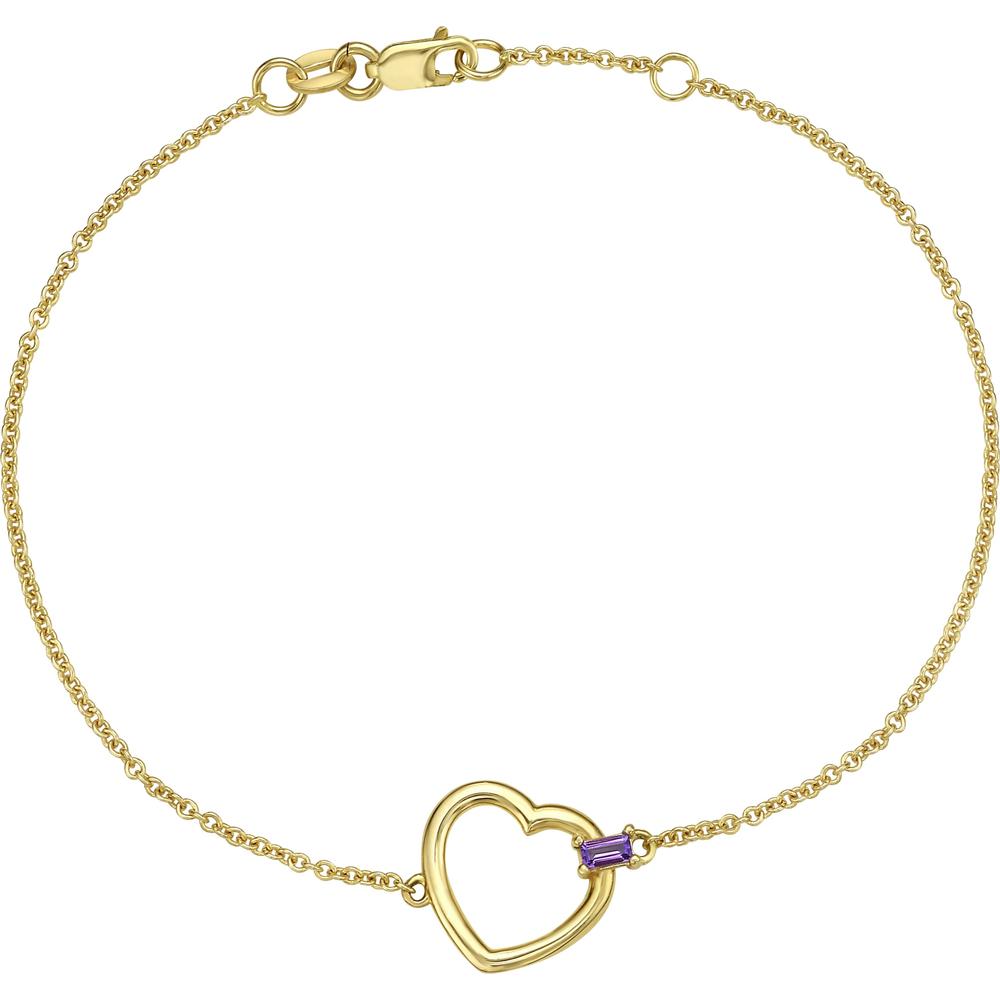 14K Yellow Gold 7” Heart Bracelet with Baguette-Cut Amethyst Gemstone - 1.60g by Orozza Fine Jewelry