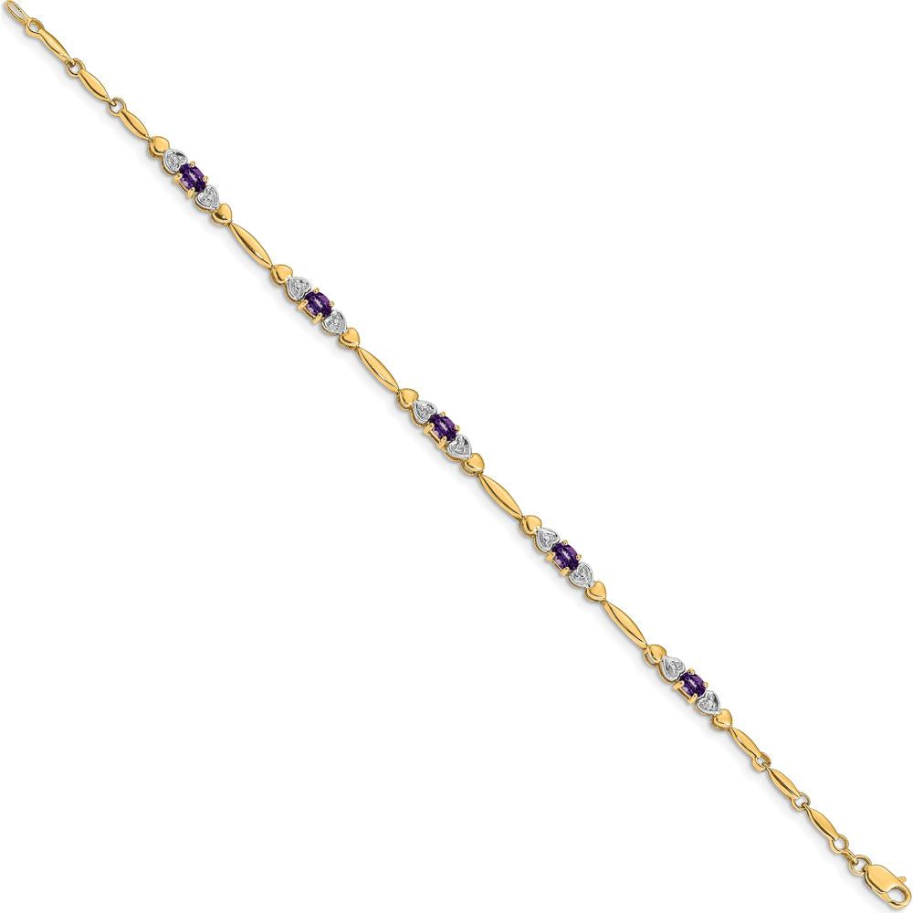 14K Yellow Gold 7" Heart Design Bracelet with Oval Amethyst and Round Diamonds - 0.38 Carats Total Amethyst Weight by Oro Pregiato