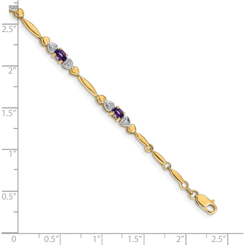 14K Yellow Gold 7" Heart Design Bracelet with Oval Amethyst and Round Diamonds - 0.38 Carats Total Amethyst Weight by Oro Pregiato