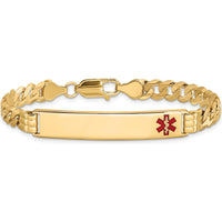 14K Yellow Gold 7-Inch Curb Link Medical Alert Bracelet with Off-Center Red Enamel Charm by Oro Pregiato