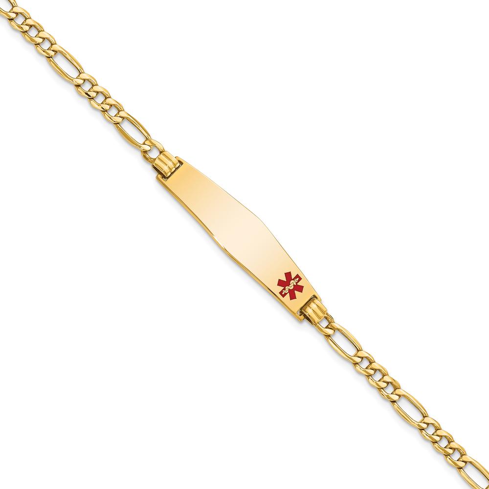 14K Yellow Gold 7-Inch Figaro Link Bracelet with Red Enamel Medical Alert Plate - Soft Diamond Shape Design by Oro Pregiato