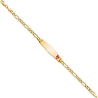 14K Yellow Gold 7-Inch Figaro Link Bracelet with Red Enamel Medical Alert Plate - Soft Diamond Shape Design by Oro Pregiato