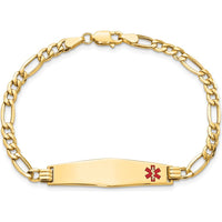 14K Yellow Gold 7-Inch Figaro Link Bracelet with Red Enamel Medical Alert Plate - Soft Diamond Shape Design by Oro Pregiato