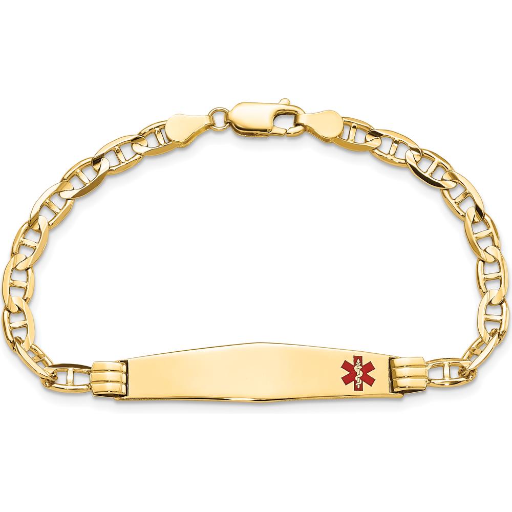 14K Yellow Gold 7-Inch Medical Alert Bracelet with Red Enamel Anchor and Diamond-Shaped Plate by Oro Pregiato