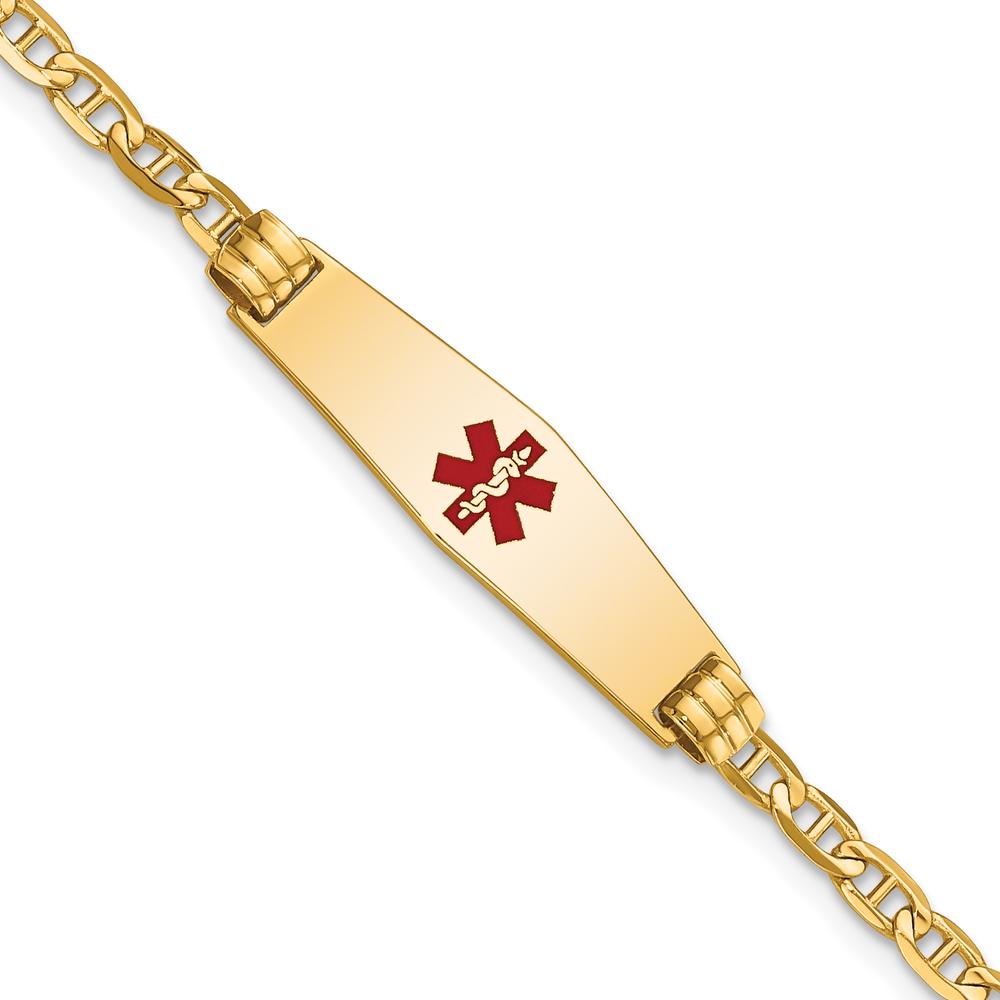 14K Yellow Gold 7-inch Medical Alert Bracelet with Red Enamel Charm - Anchor Link Design by Oro Pregiato