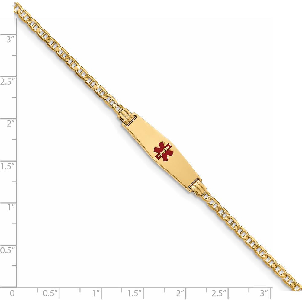 14K Yellow Gold 7-inch Medical Alert Bracelet with Red Enamel Charm - Anchor Link Design by Oro Pregiato
