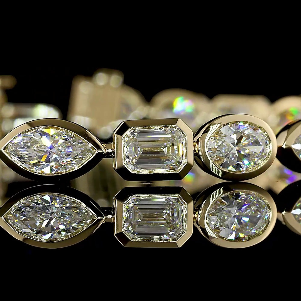 14K Yellow Gold 7-Inch Mixed Shape Tennis Bracelet with Bezel-Set Emerald, Marquise, and Oval Lab Diamonds - 10.44 Carat Total Diamond Weight - Covaloro Fine Jewelry