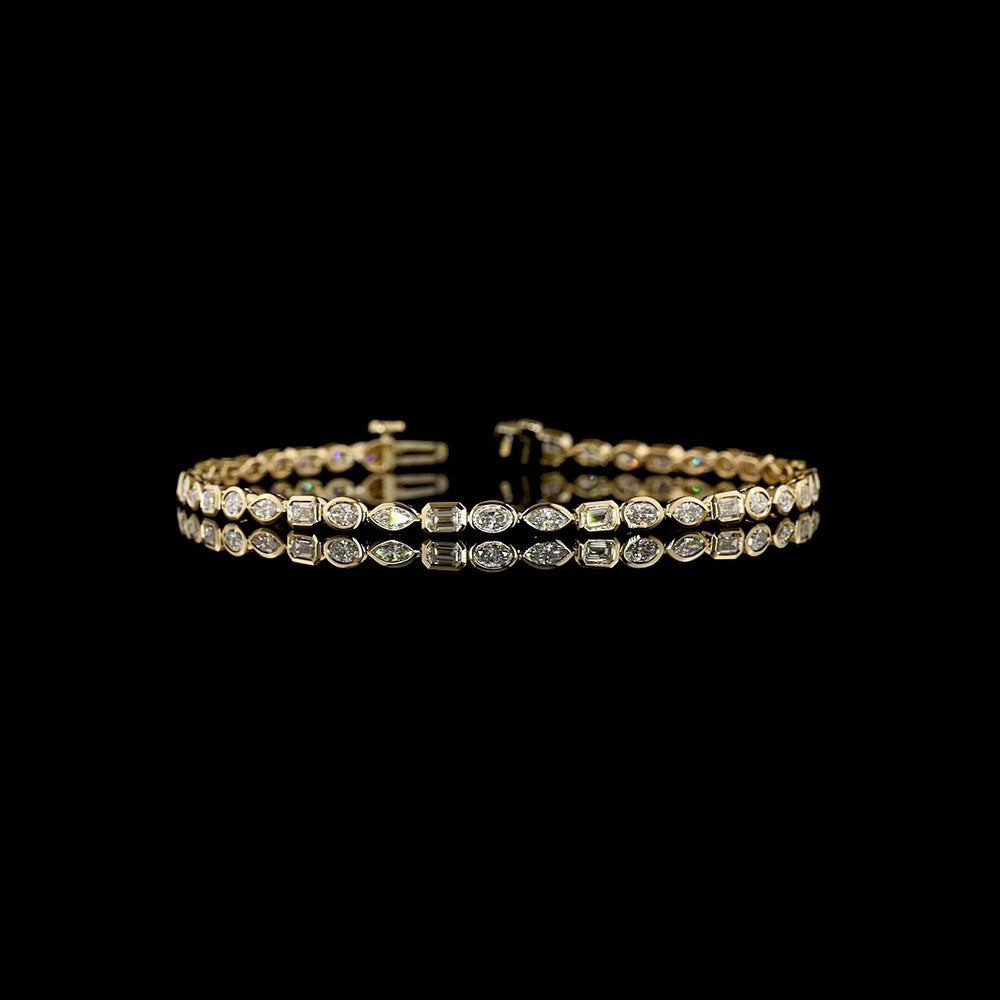 14K Yellow Gold 7-Inch Mixed Shape Tennis Bracelet with Bezel-Set Emerald, Marquise, and Oval Lab Diamonds - 2.74 Carat Total Weight - Covaloro Fine Jewelry