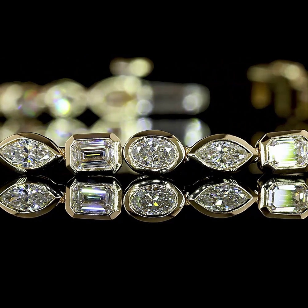14K Yellow Gold 7-Inch Mixed Shape Tennis Bracelet with Bezel-Set Emerald, Marquise, and Oval Lab Diamonds - 2.74 Carat Total Weight - Covaloro Fine Jewelry