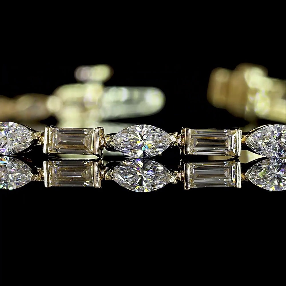 14K Yellow Gold 7-Inch Tennis Bracelet with Alternating Marquise and Baguette Lab Diamonds - 3.61 Carat Total Diamond Weight - Covaloro Fine Jewelry