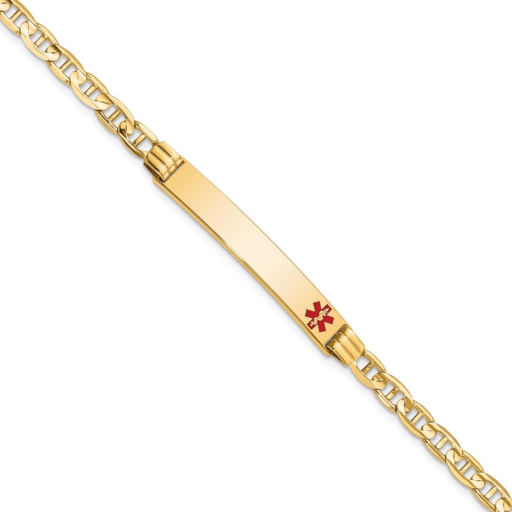 14K Yellow Gold 7" Medical Alert Bracelet with Red Enamel Anchor Charm - Engravable by Oro Pregiato