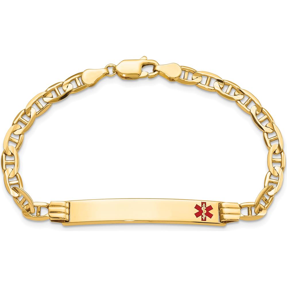 14K Yellow Gold 7" Medical Alert Bracelet with Red Enamel Anchor Charm - Engravable by Oro Pregiato