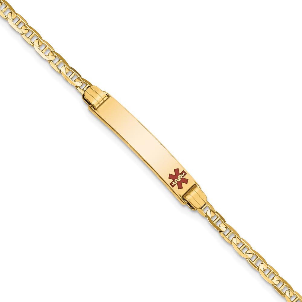 14K Yellow Gold 7" Medical Alert Bracelet with Red Enamel Anchor Link Charm by Oro Pregiato