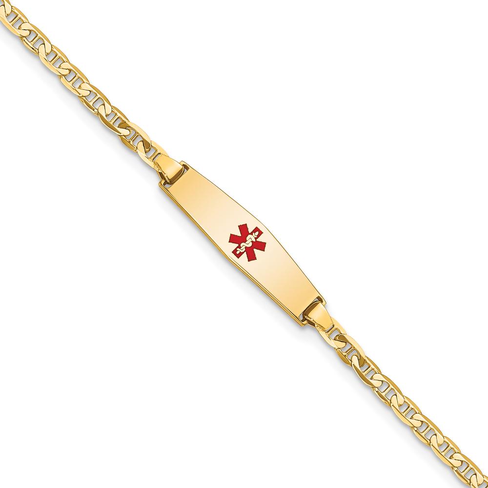 14K Yellow Gold 7" Medical Alert Bracelet with Red Enamel Medical Symbol - Polished Anchor Link Design by Oro Pregiato
