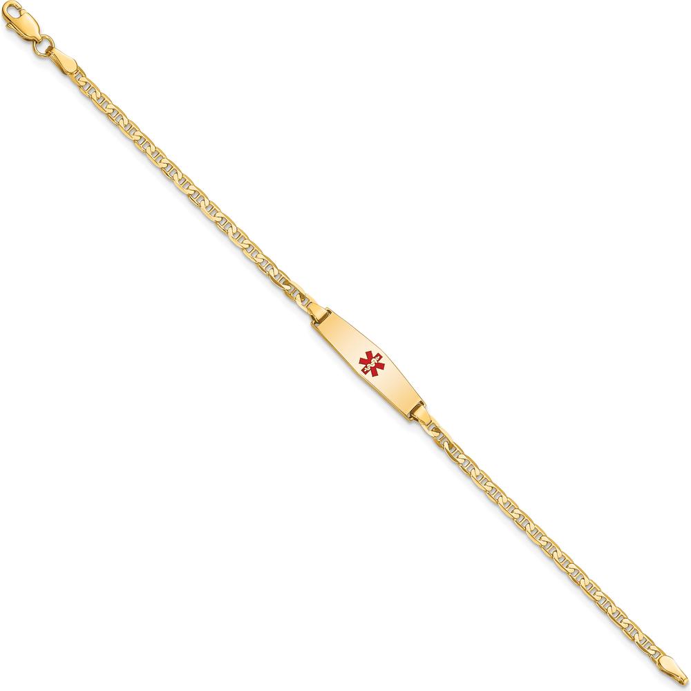 14K Yellow Gold 7" Medical Alert Bracelet with Red Enamel Medical Symbol - Polished Anchor Link Design by Oro Pregiato