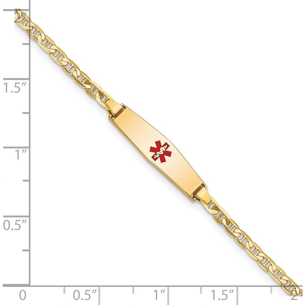 14K Yellow Gold 7" Medical Alert Bracelet with Red Enamel Medical Symbol - Polished Anchor Link Design by Oro Pregiato