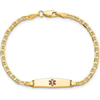 14K Yellow Gold 7" Medical Alert Bracelet with Red Enamel Medical Symbol - Polished Anchor Link Design by Oro Pregiato