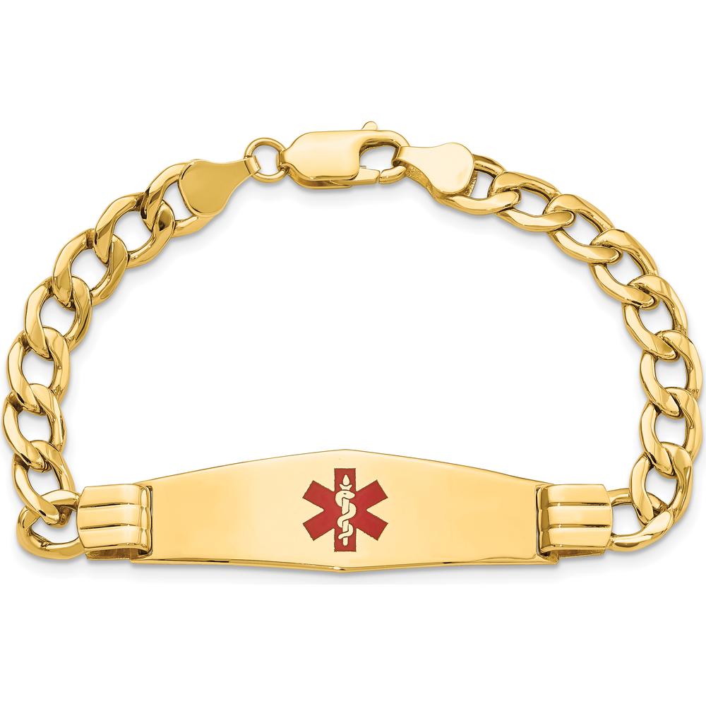 14K Yellow Gold 7" Medical Curb Link Bracelet with Red Enamel Medical Alert - Semi-Solid Plate by Oro Pregiato