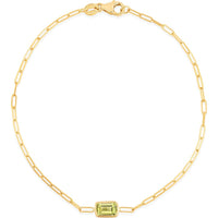 14K Yellow Gold 7" Paperclip Bracelet with Baguette-Cut Peridot Center by Orozza Fine Jewelry