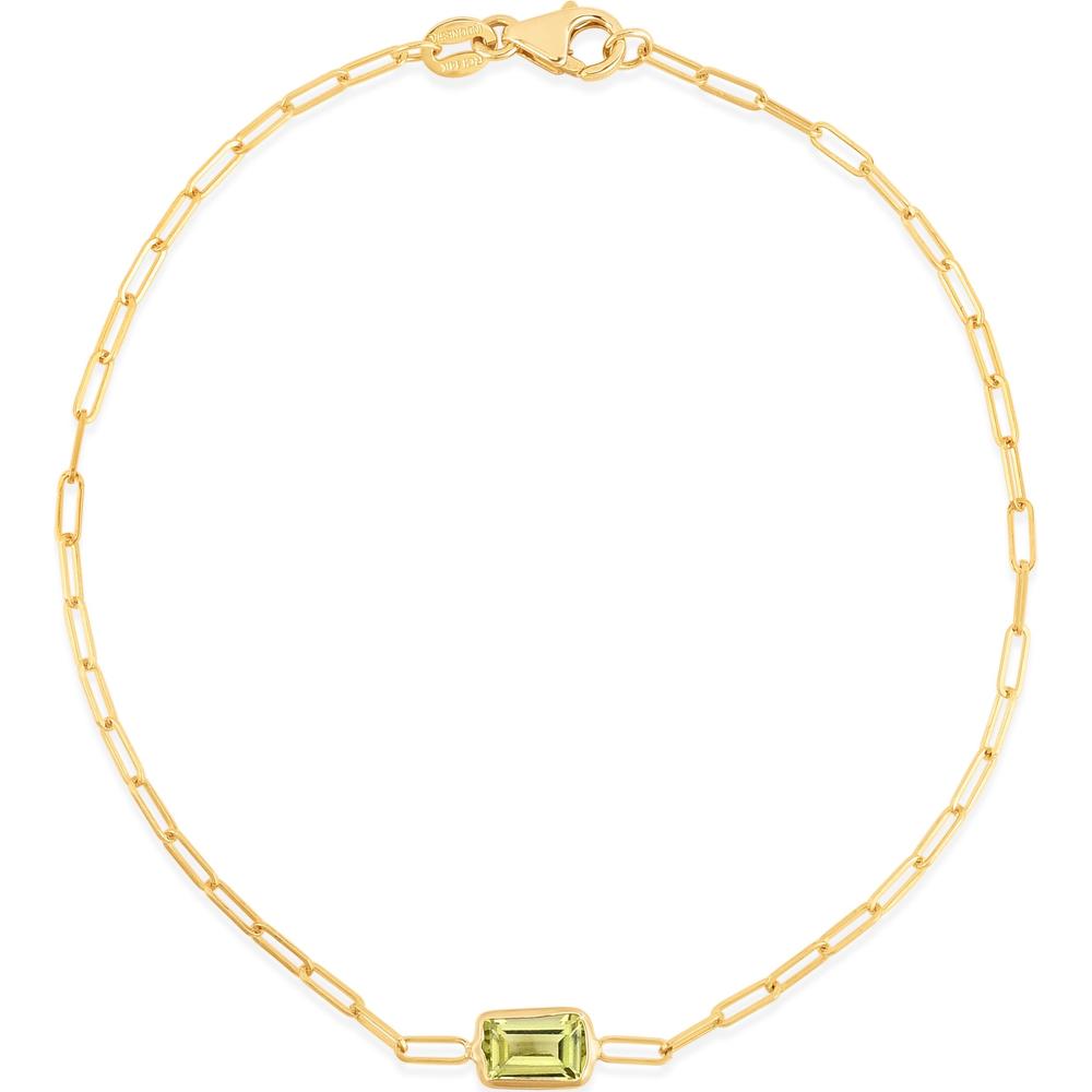 14K Yellow Gold 7" Paperclip Bracelet with Baguette-Cut Peridot Center by Orozza Fine Jewelry