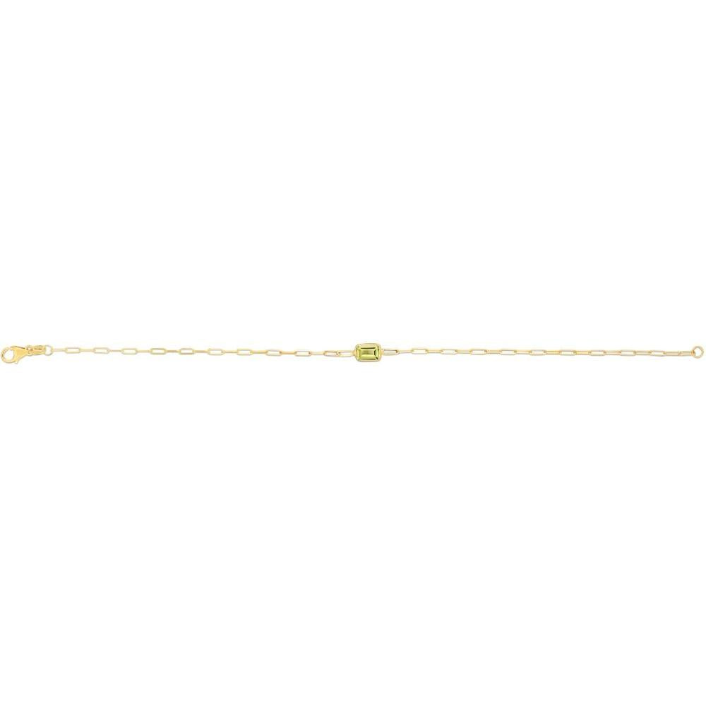 14K Yellow Gold 7" Paperclip Bracelet with Baguette-Cut Peridot Center by Orozza Fine Jewelry