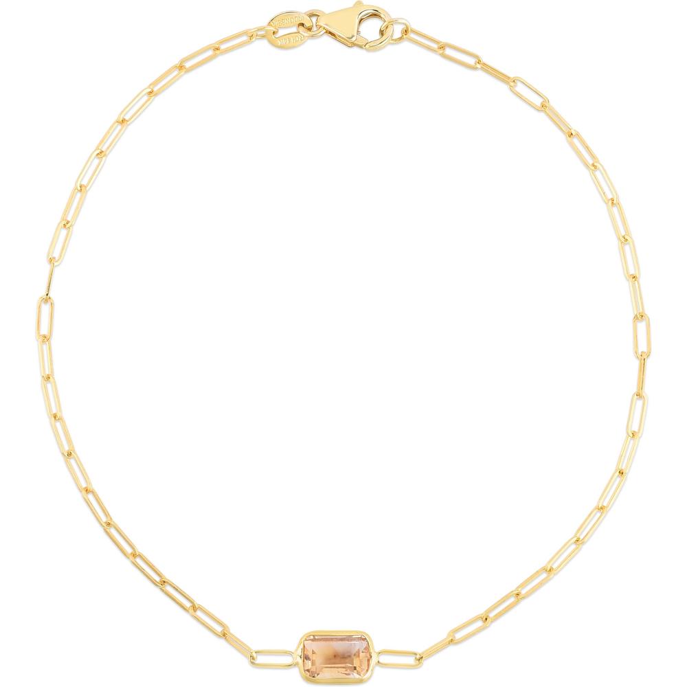 14K Yellow Gold 7" Paperclip Chain Bracelet with 6x4mm Baguette-Cut Citrine Center Element by Orozza Fine Jewelry