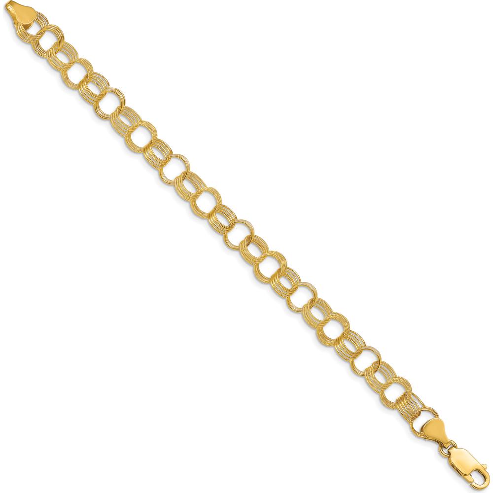 14K Yellow Gold 7" Polished and Textured Triple Link Charm Bracelet - 8mm Width by Oro Pregiato