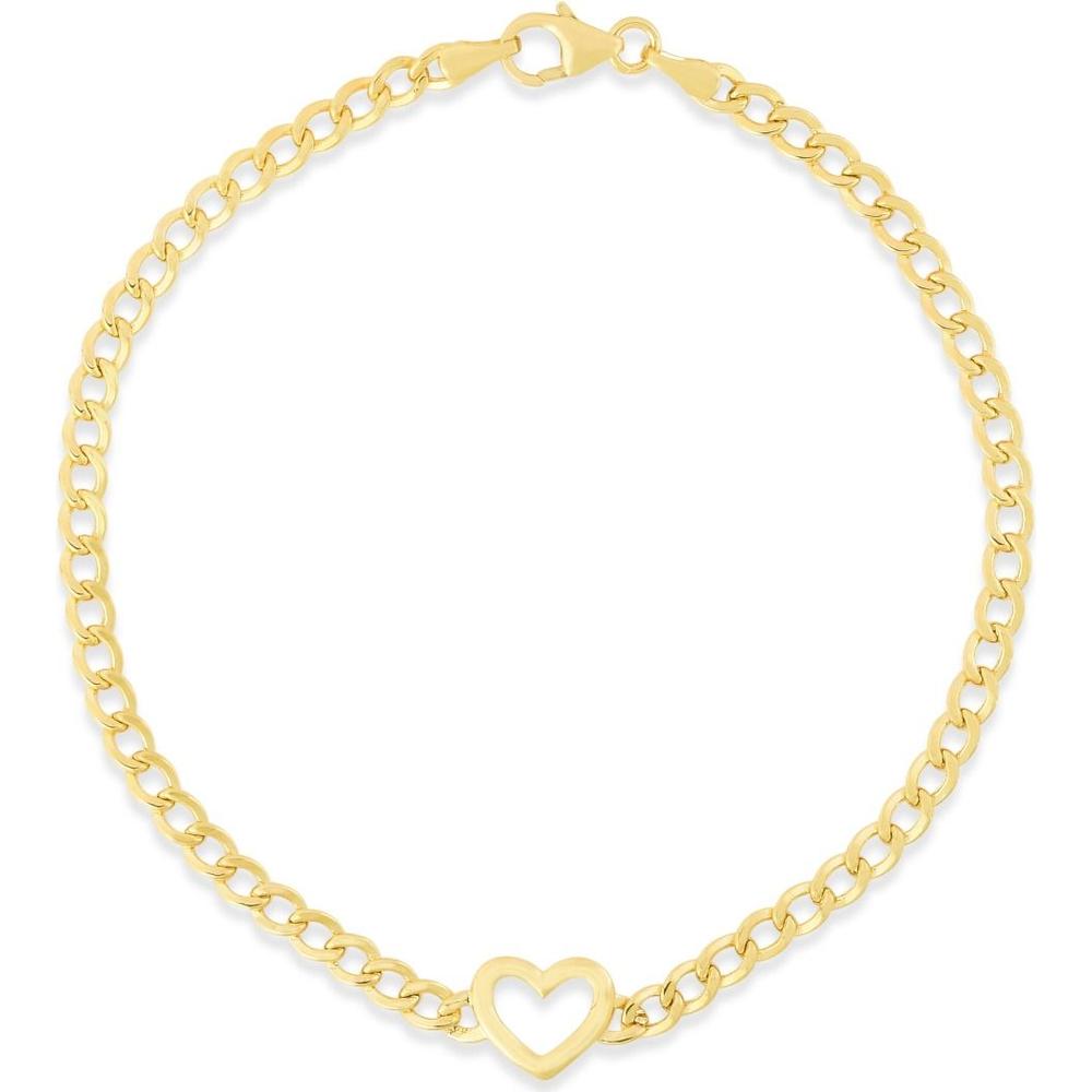 14K Yellow Gold 7" Polished Heart Curb Chain Bracelet with Lobster Clasp by Orozza Fine Jewelry