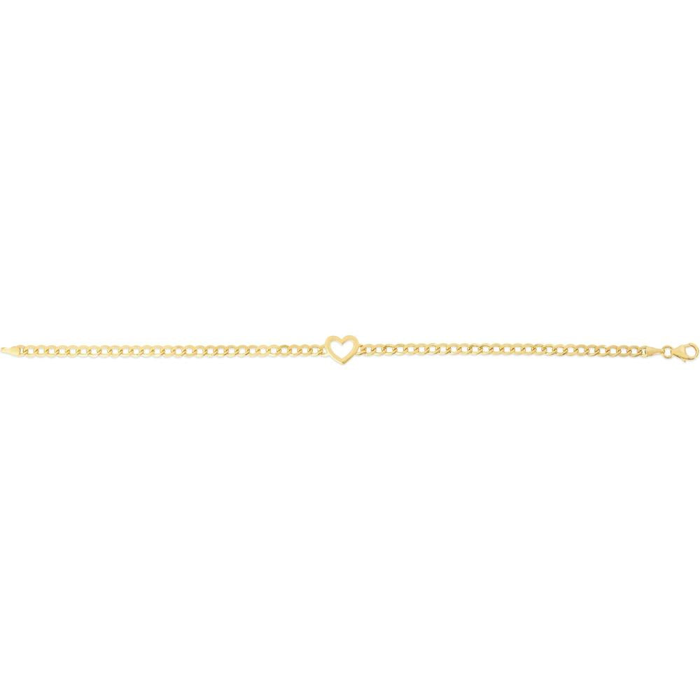 14K Yellow Gold 7" Polished Heart Curb Chain Bracelet with Lobster Clasp by Orozza Fine Jewelry