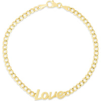 14K Yellow Gold 7" Polished "Love" Curb Chain Bracelet with Lobster Clasp by Orozza Fine Jewelry