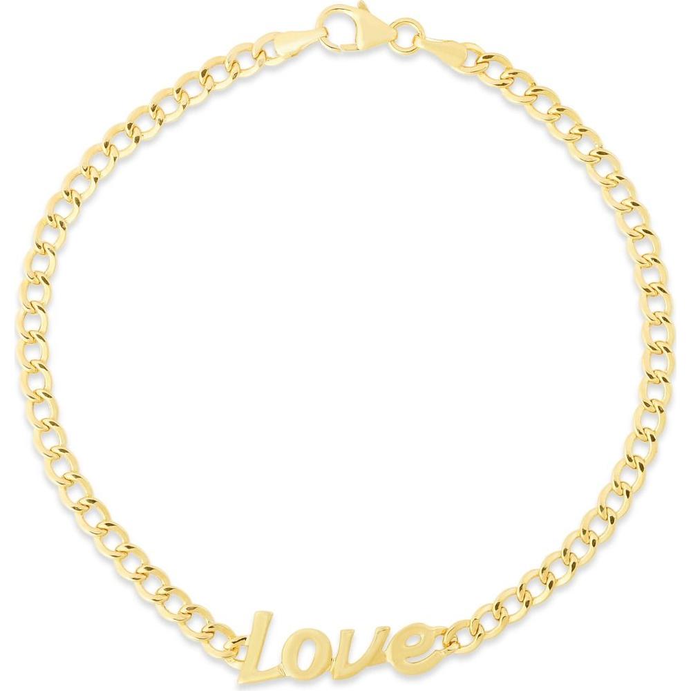 14K Yellow Gold 7" Polished "Love" Curb Chain Bracelet with Lobster Clasp by Orozza Fine Jewelry