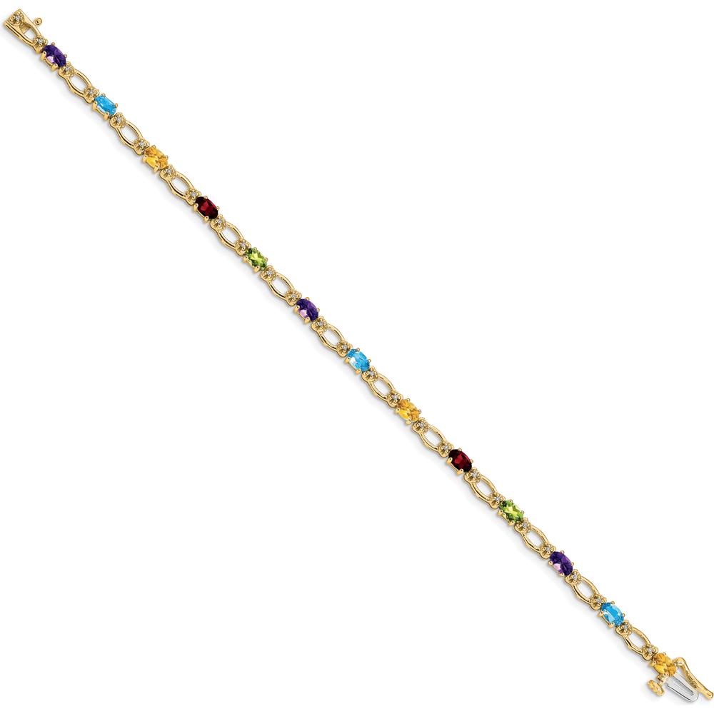 14K Yellow Gold 7" Rainbow Bracelet with Oval Garnet, Peridot, Amethyst, Citrine, Swiss Blue Topaz and Round Diamonds by Oro Pregiato