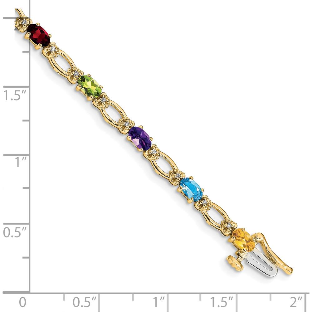 14K Yellow Gold 7" Rainbow Bracelet with Oval Garnet, Peridot, Amethyst, Citrine, Swiss Blue Topaz and Round Diamonds by Oro Pregiato