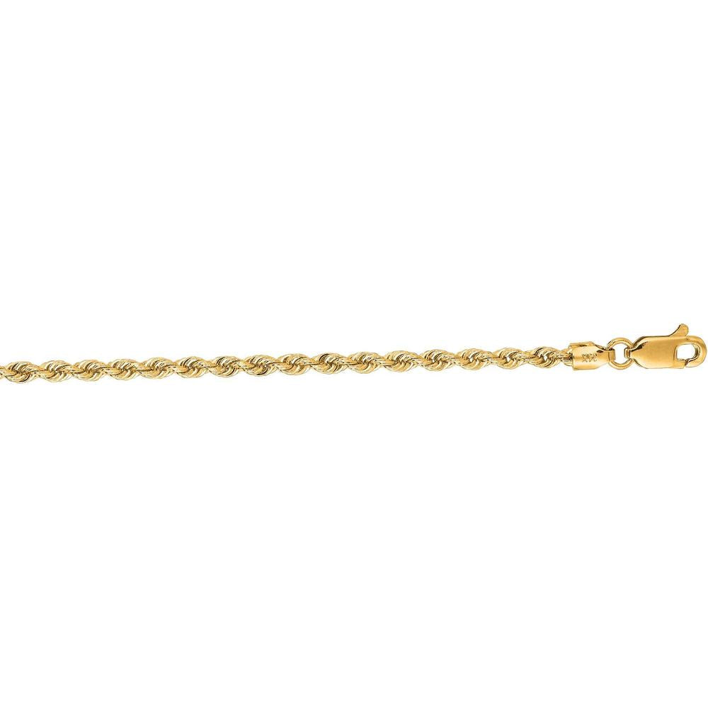 14K Yellow Gold 7" Rope Chain Bracelet - 2.5mm with Polished Finish and Lobster Lock by Orozza Fine Jewelry