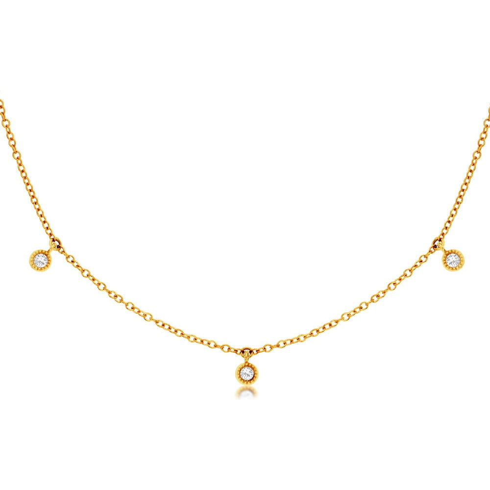 14K Yellow Gold 7-Station Necklace with Milgrain Bezel-Set Round Diamonds - 0.14 Carat Total Diamond Weight - Royal Jewelry